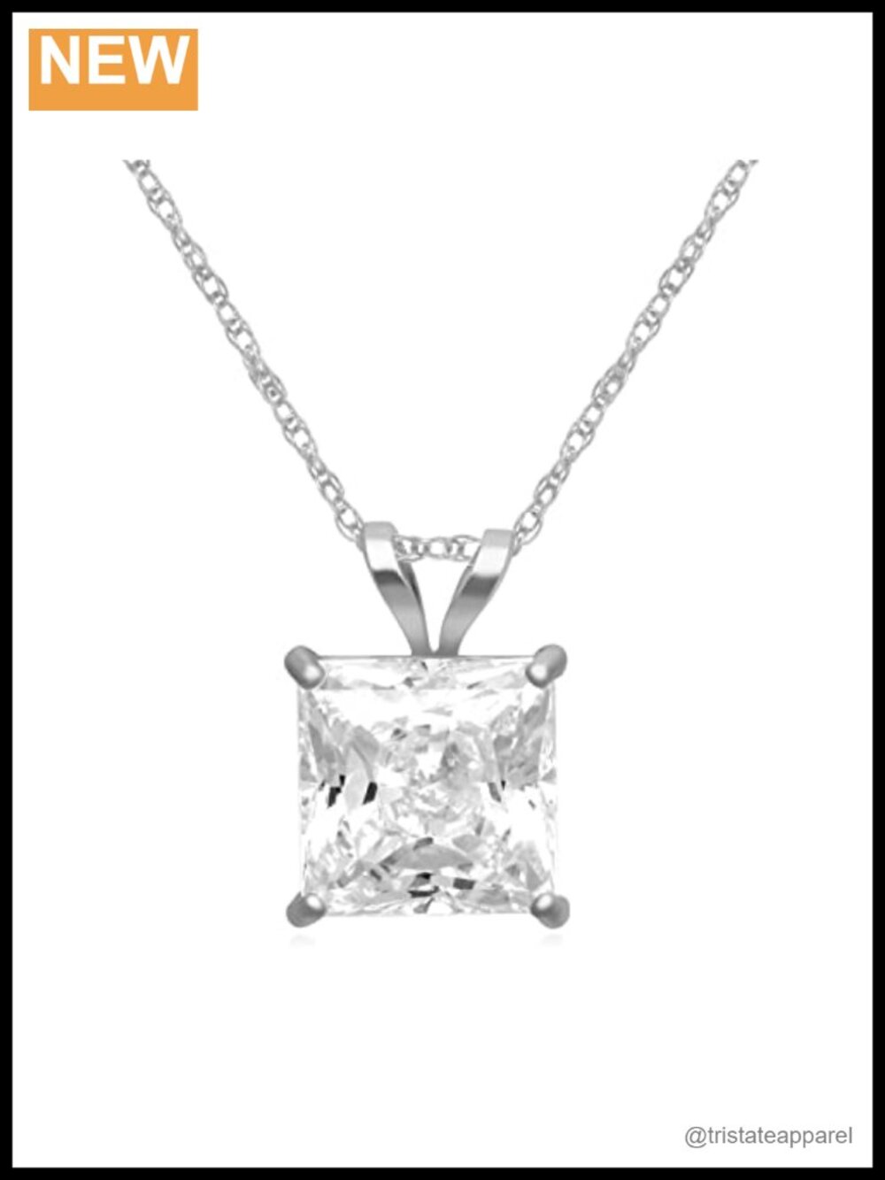 10K White Gold Princess Cut CZ Pendant Necklace 18in Rope Chain